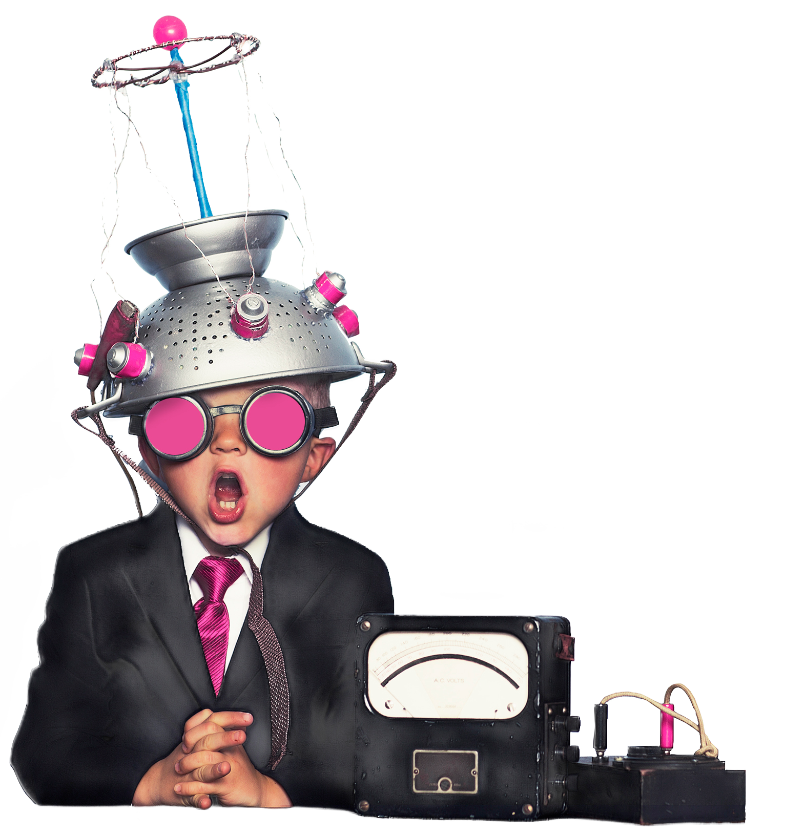 Culture Shock mascot — child wearing a homemade thinking helmet